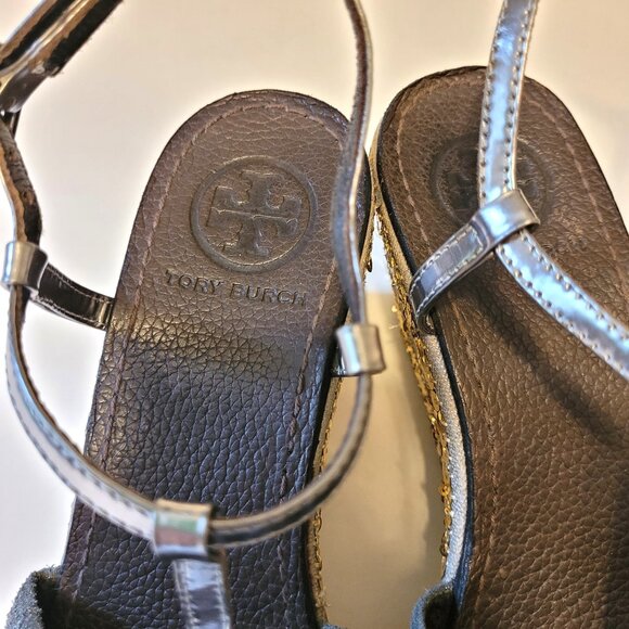 Tory Burch Declan 2 T Strap Sequin Wedges - Picture 8 of 10